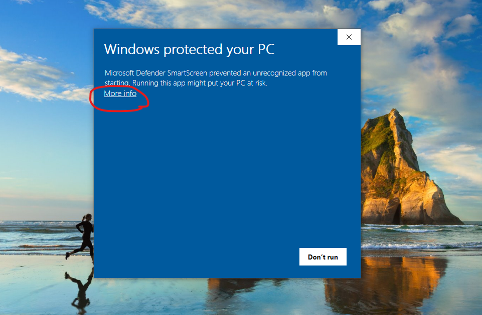 Windows SmartScreen dialog showing 'Windows protected your PC' with 'More info' link circled
