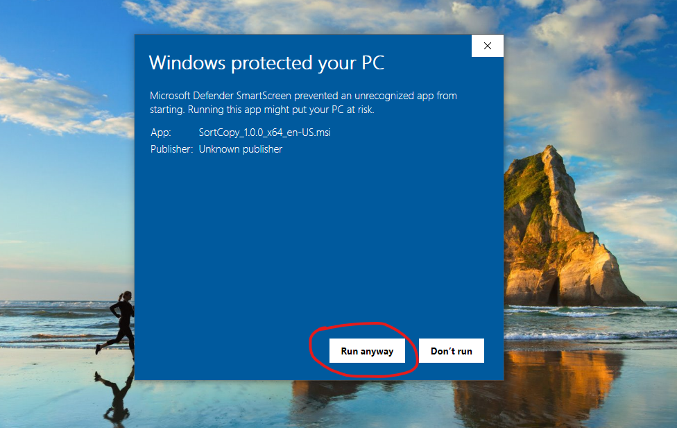 Windows SmartScreen dialog showing app details with 'Run anyway' button circled